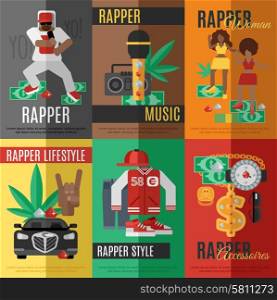 Rap music mini poster set with rapper style clothing and accessories isolated vector illustration. Rap Music Poster