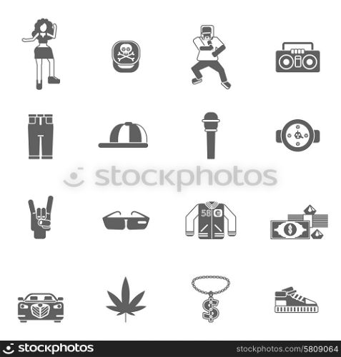 Rap music street style singing black icons set isolated vector illustration. Rap Music Icons