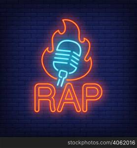 Rap neon word and microphone in flame outline. Neon sign, night bright advertisement, colorful signboard, light banner. Vector illustration in neon style.