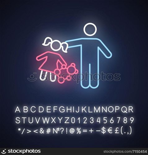Rape of children neon light icon. Child sexual harassment, abuse. Victim of assault. Sexual exploitation of kids. Pedophilia of offenders. Glowing sign with alphabet. Vector isolated illustration. Rape of children neon light icon. Child sexual harassment, abuse. Victim of assault. Sexual exploitation of kids. Pedophilia of abusers, offenders. Glowing sign with alphabet, numbers and symbols. Vector isolated illustration