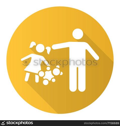 Rape of children yellow flat design long shadow glyph icon. Child sexual harassment, abuse. Victim of assault. Sexual exploitation of kids. Pedophilia of offenders. Vector silhouette illustration