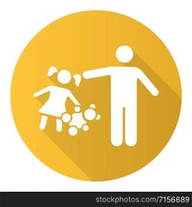 Rape of children yellow flat design long shadow glyph icon. Child sexual harassment, abuse. Victim of assault. Sexual exploitation of kids. Pedophilia of offenders. Vector silhouette illustration