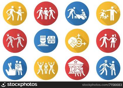 Rape types flat design long shadow glyph icons set. Date, statutory, children and spousal rape. Abuse of women in prison. Sexual harassment and assault of females. Vector silhouette illustration