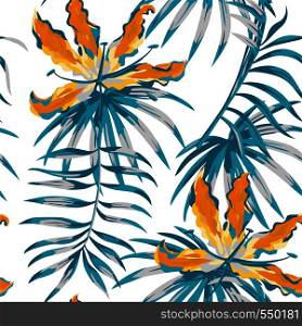 Rare tropic flowers orange gloriosa painting blue color palm banana leaves seamless pattern white background