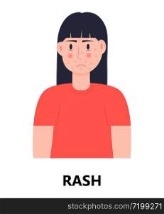 Rash icon vector. Unhappy girl with rash and acne on her face. Woman is infected by rubella, measles. Allergy, eczema illustration. Skin disease concept.. Rash icon vector. Unhappy girl with rash and acne on her face. Woman is infected by rubella, measles. Allergy, eczema illustration. Skin disease