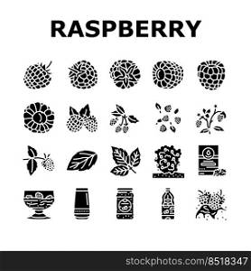 raspberry fruit berry red food icons set vector. plant leaf, sweet fresh dessert, juice branch, single delicious garden nature jam raspberry fruit berry red food glyph pictogram Illustrations. raspberry fruit berry red food icons set vector