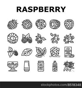 raspberry fruit berry red food icons set vector. plant leaf, sweet fresh dessert, juice branch, single delicious garden nature jam raspberry fruit berry red food black contour illustrations. raspberry fruit berry red food icons set vector