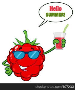 Raspberry Fruit Cartoon Character Holding Up A Glass Of Juice. Illustration Isolated On White Background With Speech Bubble And Text Hello Summer