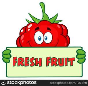 Raspberry Fruit Cartoon Mascot Character Holding A Banner With Text Fresh Fruit