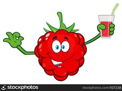 Raspberry Fruit Cartoon Mascot Character Holding Up A Glass Of Juice And Gesturing Ok. Illustration Isolated On White Background