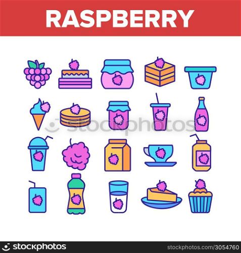 Raspberry Nutrition Collection Icons Set Vector Thin Line. Raspberry Jam And Ice Cream, Cocktail And Juice In Package, Pie And Cupcake Concept Linear Pictograms. Color Contour Illustrations. Raspberry Nutrition Collection Icons Set Vector