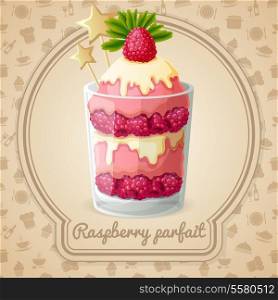 Raspberry parfait dessert with syrup and mint emblem and food cooking icons on background vector illustration