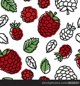 Raspberry seamless pattern. Hand drawn fresh berry. Multicolored vector sketch background. Colorful doodle wallpaper. Red and yellow print