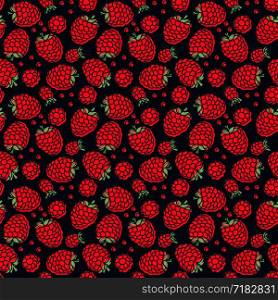 Raspberry seamless pattern. Hand drawn fresh berry. Vector sketch background. Doodle wallpaper. Red, dark blue and green print