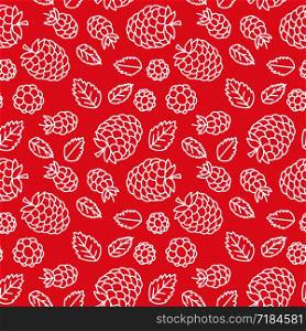 Raspberry seamless pattern. Hand drawn fresh berry. Vector sketch background. Doodle wallpaper. Red and white line print