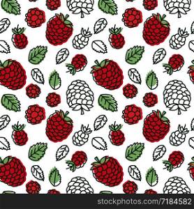 Raspberry seamless pattern. Hand drawn fresh berry. Vector sketch background. Doodle wallpaper. Red and white print