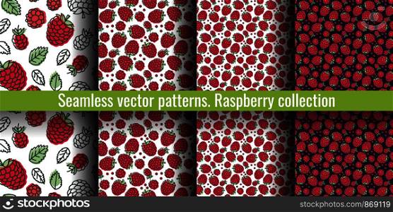 Raspberry seamless pattern set. Juicy berry collection. Hand drawn color vector sketch background. Colorful doodle wallpaper. Summer print