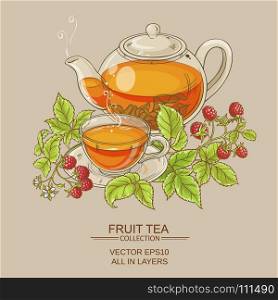raspberry tea illustration. illustration with cup of raspberry tea and teapot