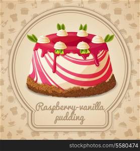 Raspberry vanilla pudding dessert label and food cooking icons on background vector illustration