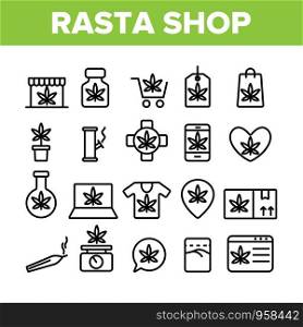 Rasta Shop Collection Elements Vector Icons Set Thin Line. Rasta Marijuana Cannabis Leaf Bottle Container And Mobile Screen, Bag And Shirt Concept Linear Pictograms. Monochrome Contour Illustrations. Rasta Shop Collection Elements Vector Icons Set