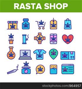 Rasta Shop Collection Elements Vector Icons Set Thin Line. Rasta Marijuana Cannabis Leaf Bottle Container And Mobile Screen, Bag And Shirt Concept Linear Pictograms. Color Contour Illustrations. Rasta Shop Color Elements Vector Icons Set