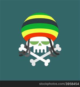 Rasta skull. Skull addict with dreadlocks and bones. Dead from drugs. Colored Rasta Cap. Vector illustration for Halloween.&#xA;