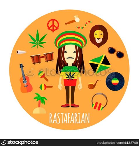 Rastafarian Character Accessories Flat Round Illustration. Member of rastafari belief and way of life character accessories flat round yellow background abstract vector illustration