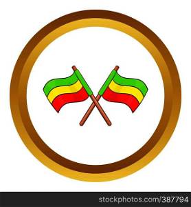 Rastafarian crossed flags vector icon in golden circle, cartoon style isolated on white background. Rastafarian crossed flags vector icon