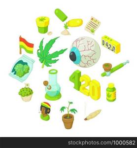 Rastafarian icons set in cartoon style. Marijuana smoking equipment set collection vector illustration. Rastafarian icons set, cartoon style