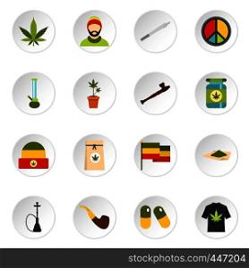 Rastafarian icons set in flat style. Marijuana smoking equipment set collection vector icons set illustration. Rastafarian icons set, flat style