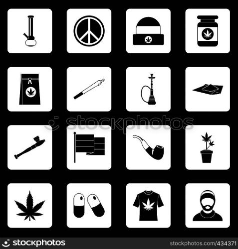 Rastafarian icons set in white squares on black background simple style vector illustration. Rastafarian icons set squares vector