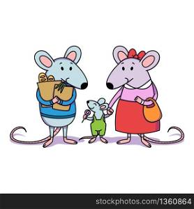 Rat family. Dad holds packages with purchases from the store, mom holds a child by the hand, a little boy with candy. Cartoon animal character vector illustration isolated white background.
