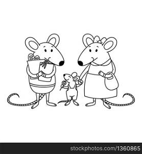 Rat family. Dad holds packages with purchases from the store, mom holds a child by the hand, a little boy with candy. Cartoon animal character vector illustration. Outline for coloring book.