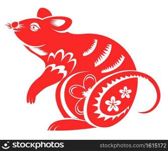 Rat or mouse decorated with flowers, isolated oriental symbol of new year. Asian culture and mythology. Papercut of character with blossom. Chinese horoscope sign, red icon vector in flat style. Chinese horoscope sign, rat or mouse with flowers