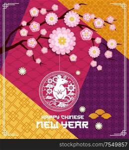 Rat or mouse zodiac symbol of Chinese New Year on plum branch with flowers vector design. Lunar animal horoscope lantern with pink blossom, papercut pattern of cloud, wave and oriental ornament frame. Chinese New Year rat and branch with pink flowers