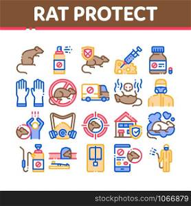 Rat Protect Collection Elements Icons Set Vector Thin Line. Rat Control Service, Human Silhouette And Protective Mask, Gloves And Spray Concept Linear Pictograms. Color Contour Illustrations. Rat Protect Collection Elements Icons Set Vector