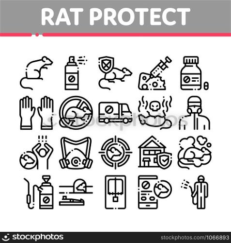 Rat Protect Collection Elements Icons Set Vector Thin Line. Rat Control Service, Human Silhouette And Protective Mask, Gloves And Spray Concept Linear Pictograms. Monochrome Contour Illustrations. Rat Protect Collection Elements Icons Set Vector
