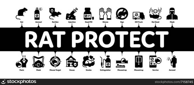 Rat Protect Minimal Infographic Web Banner Vector. Rat Control Service, Human Silhouette And Protective Mask, Gloves And Spray Concept Illustrations. Rat Protect Minimal Infographic Banner Vector