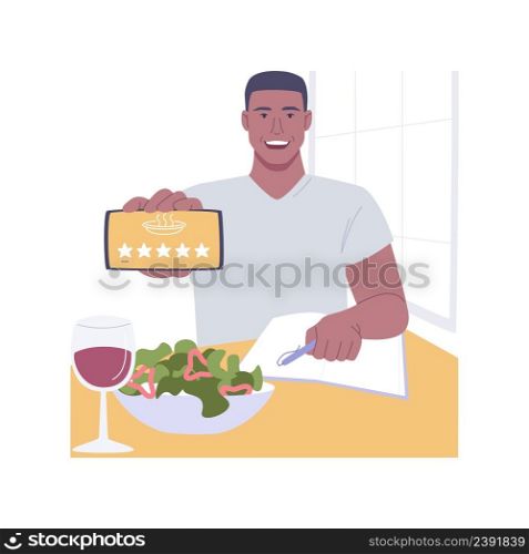 Rating a restaurant isolated cartoon vector illustrations. Food blogger rating cafe with stars, eating out in restaurant, holding smartphone, making notes, critic reviewing bar vector cartoon.. Rating a restaurant isolated cartoon vector illustrations.