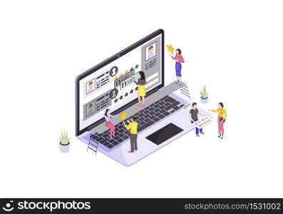 Rating and feedback isometric vector illustration. Customer loyalty program. Client satisfaction 3d concept. User reviews and opinion. Marketing campaign. Website ranking isolated clipart. Rating and feedback isometric vector illustration