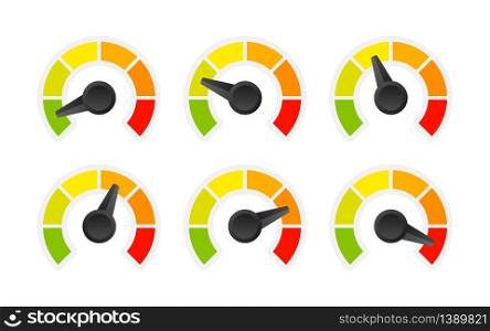 Rating customer satisfaction meter. Different emotions art design from red to green. Abstract concept graphic element of tachometer, speedometer, indicators, score. Vector stock illustration. Rating customer satisfaction meter. Different emotions art design from red to green. Abstract concept graphic element of tachometer, speedometer, indicators, score. Vector stock illustration.