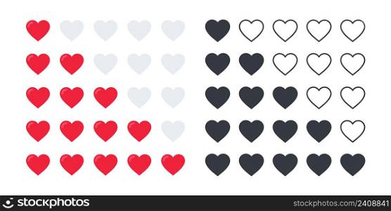 Rating hearts icons. Product rating or customer review with red hearts and half hearts. Vector icons