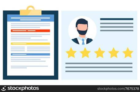Rating of businessman vector, clipboard with information about person flat style business analysis of workers. Stars and info of man wearing formal suit, bearded director of organization illustration. Clipboard with Information about Man, Rating Star
