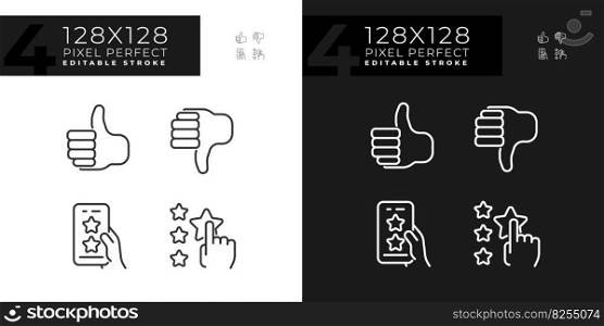 Rating of customer service pixel perfect linear icons set for dark, light mode. Online reaction on products. Thin line symbols for night, day theme. Isolated illustrations. Editable stroke. Rating of customer service pixel perfect linear icons set for dark, light mode