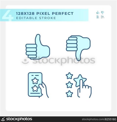 Rating of customer service pixel perfect RGB color icons set. Online reaction on products. Feedback on internet. Isolated vector illustrations. Simple filled line drawings collection. Editable stroke. Rating of customer service pixel perfect RGB color icons set