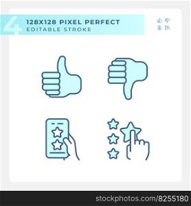 Rating of customer service pixel perfect RGB color icons set. Online reaction on products. Feedback on internet. Isolated vector illustrations. Simple filled line drawings collection. Editable stroke. Rating of customer service pixel perfect RGB color icons set