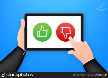 Rating of mobile app. Human hands are holding. Tablet with Yes and No buttons. Vector stock illustration. Rating of mobile app. Human hands are holding. Tablet with Yes and No buttons. Vector stock illustration.