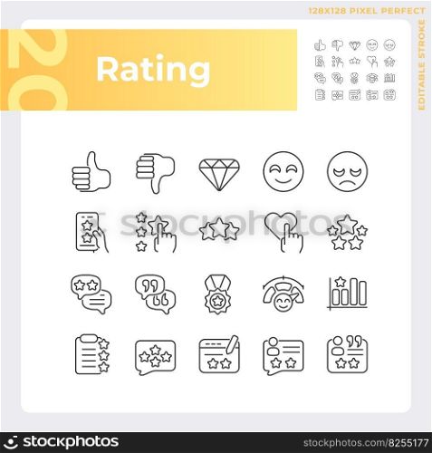 Rating pixel perfect linear icons set. Service evaluation process. Customer experience sharing. Customizable thin line symbols. Isolated vector outline illustrations. Editable stroke. Rating pixel perfect linear icons set
