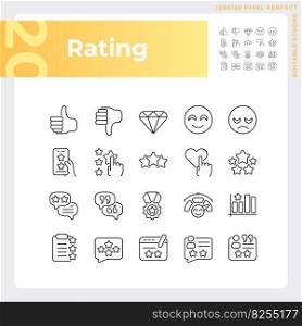 Rating pixel perfect linear icons set. Service evaluation process. Customer experience sharing. Customizable thin line symbols. Isolated vector outline illustrations. Editable stroke. Rating pixel perfect linear icons set