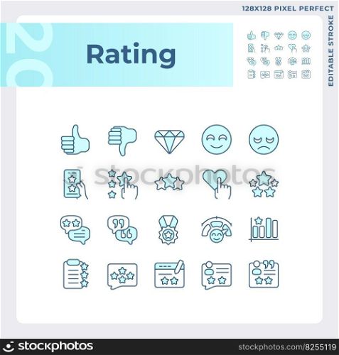 Rating pixel perfect RGB color icons set. Service evaluation process. Customer experience sharing. Isolated vector illustrations. Simple filled line drawings collection. Editable stroke. Rating pixel perfect RGB color icons set